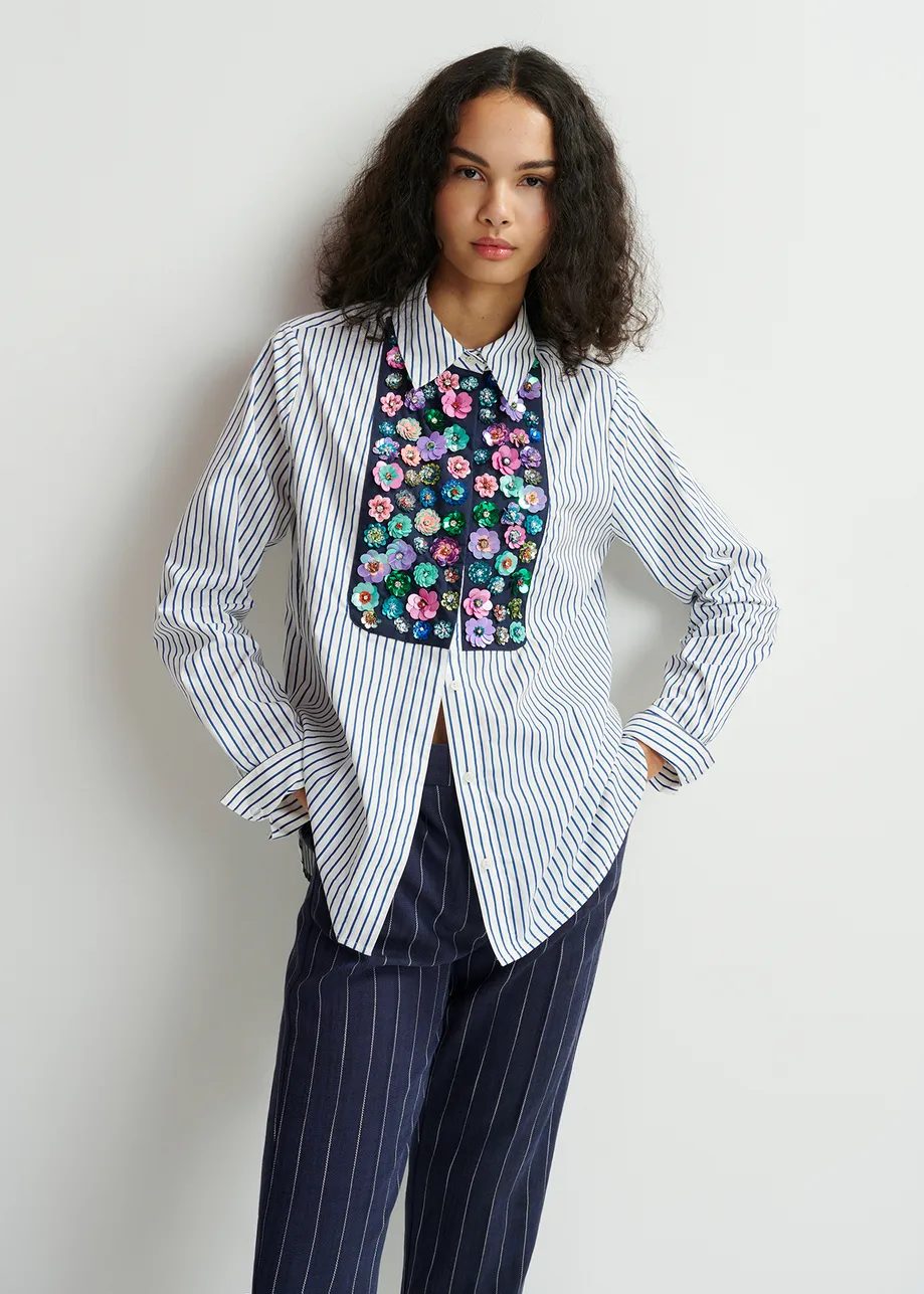 White, blue and multicolored cotton shirt with sequin and bead placket