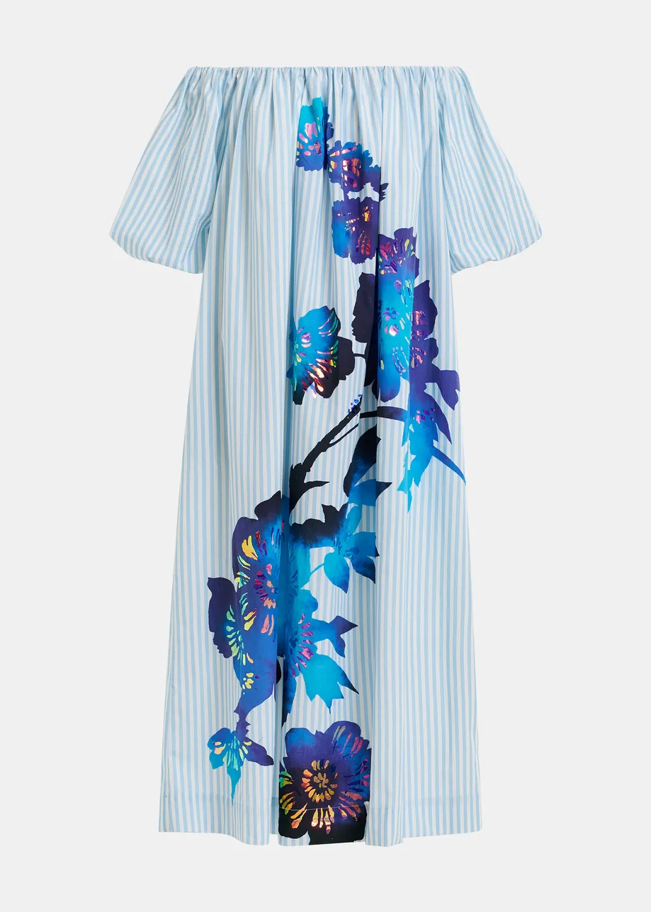 Light blue, white and dark blue striped off the shoulder maxi dress