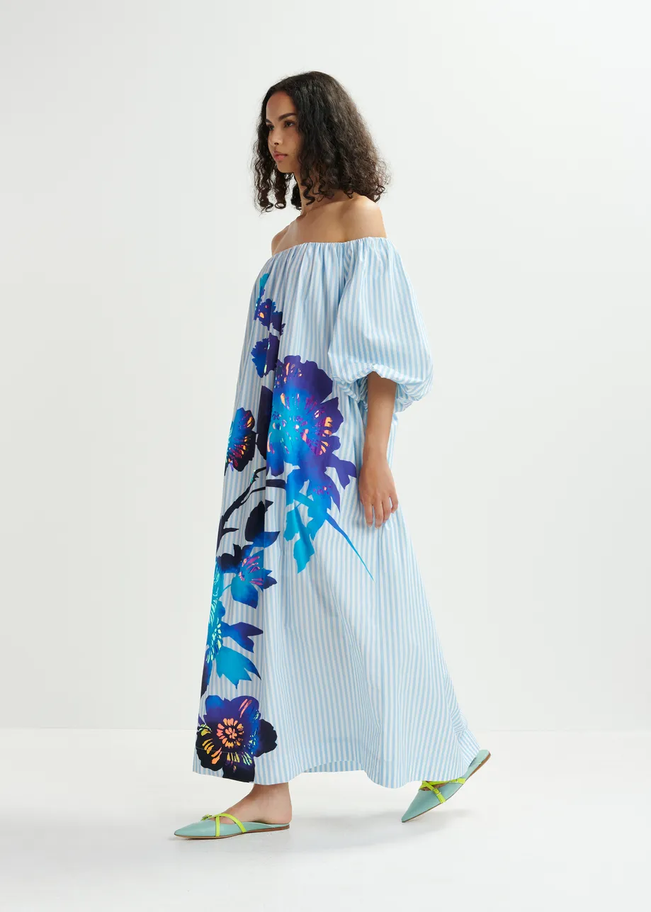 Light blue, white and dark blue striped off the shoulder maxi dress