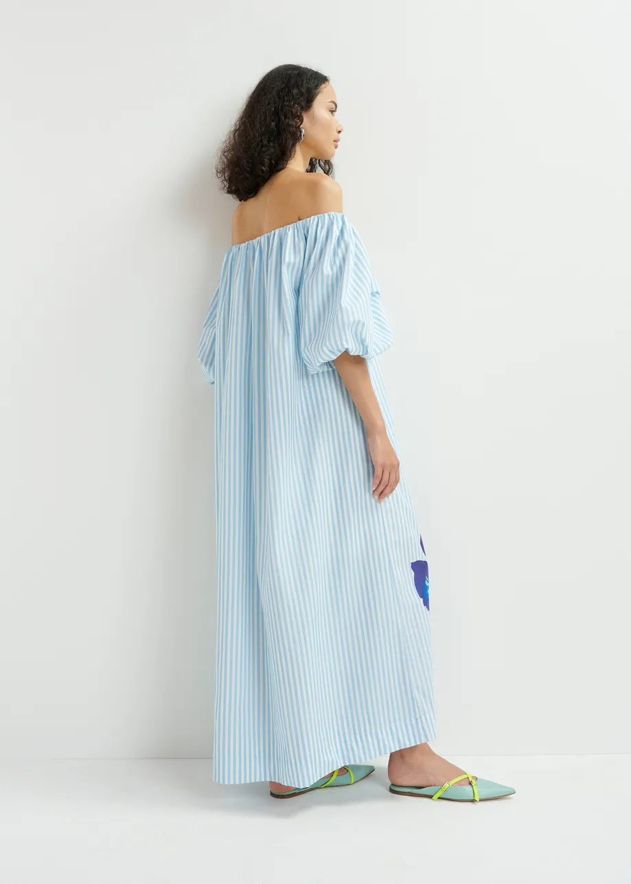 Light blue, white and dark blue striped off the shoulder maxi dress