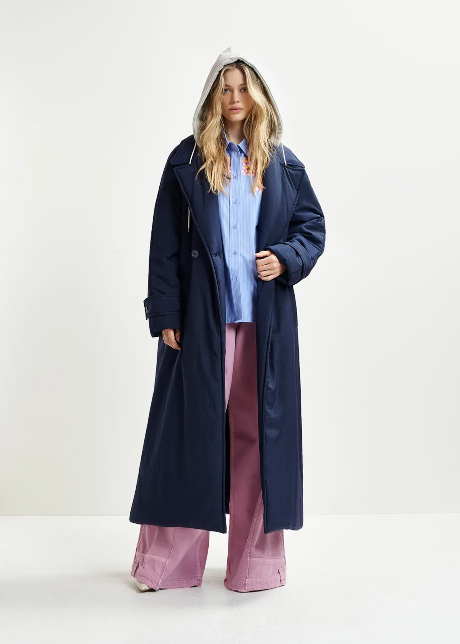 Manteau croisé bleu foncé à capuche amovible