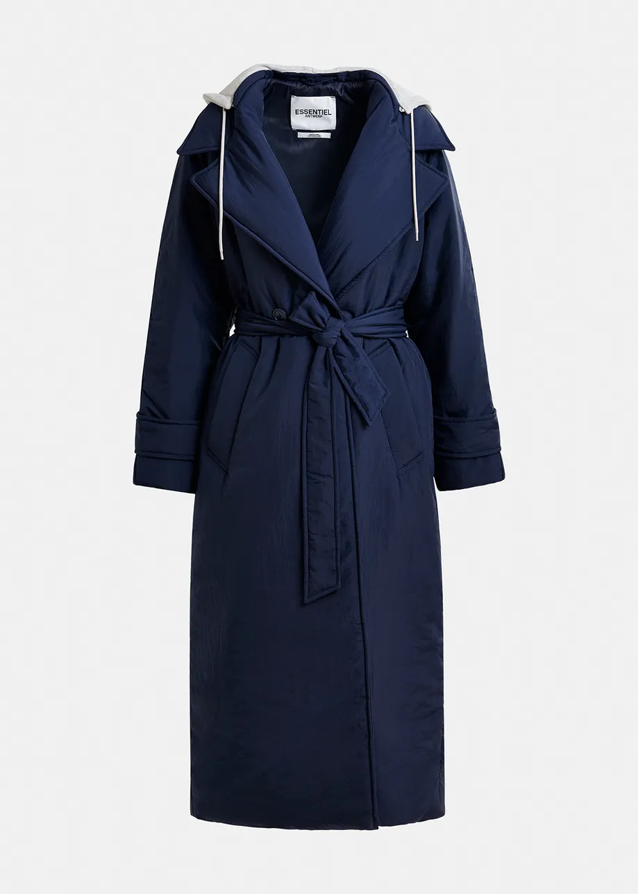 Dark blue double-breasted coat with removable hood