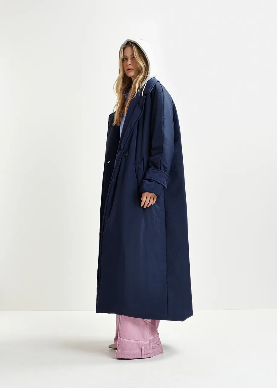 Manteau croisé bleu foncé à capuche amovible