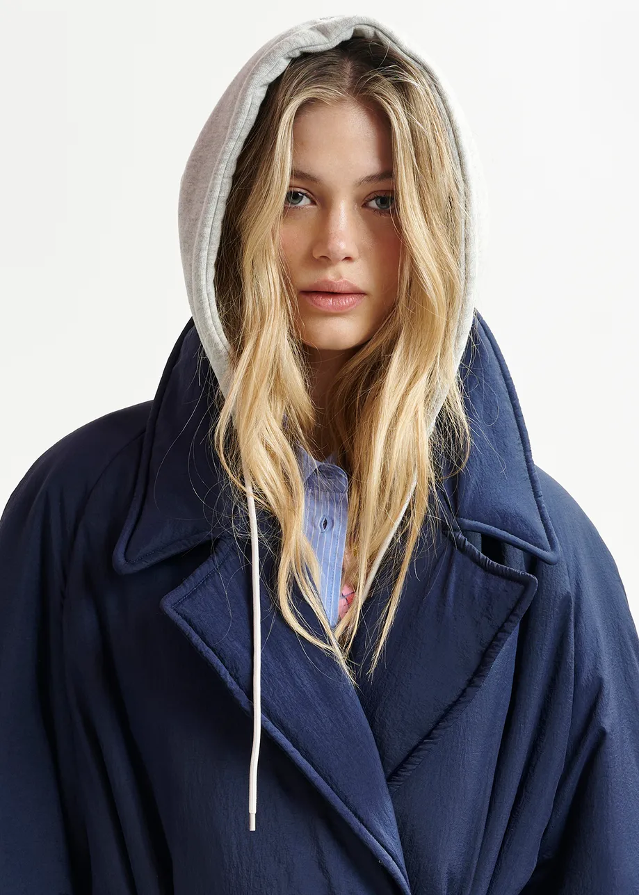 Manteau croisé bleu foncé à capuche amovible