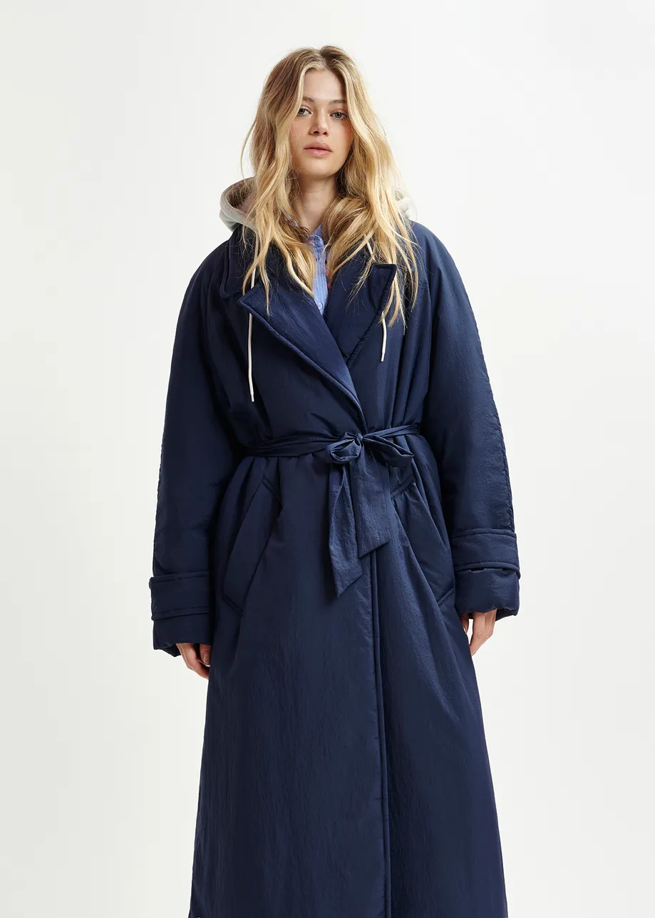 Dark blue double-breasted coat with removable hood