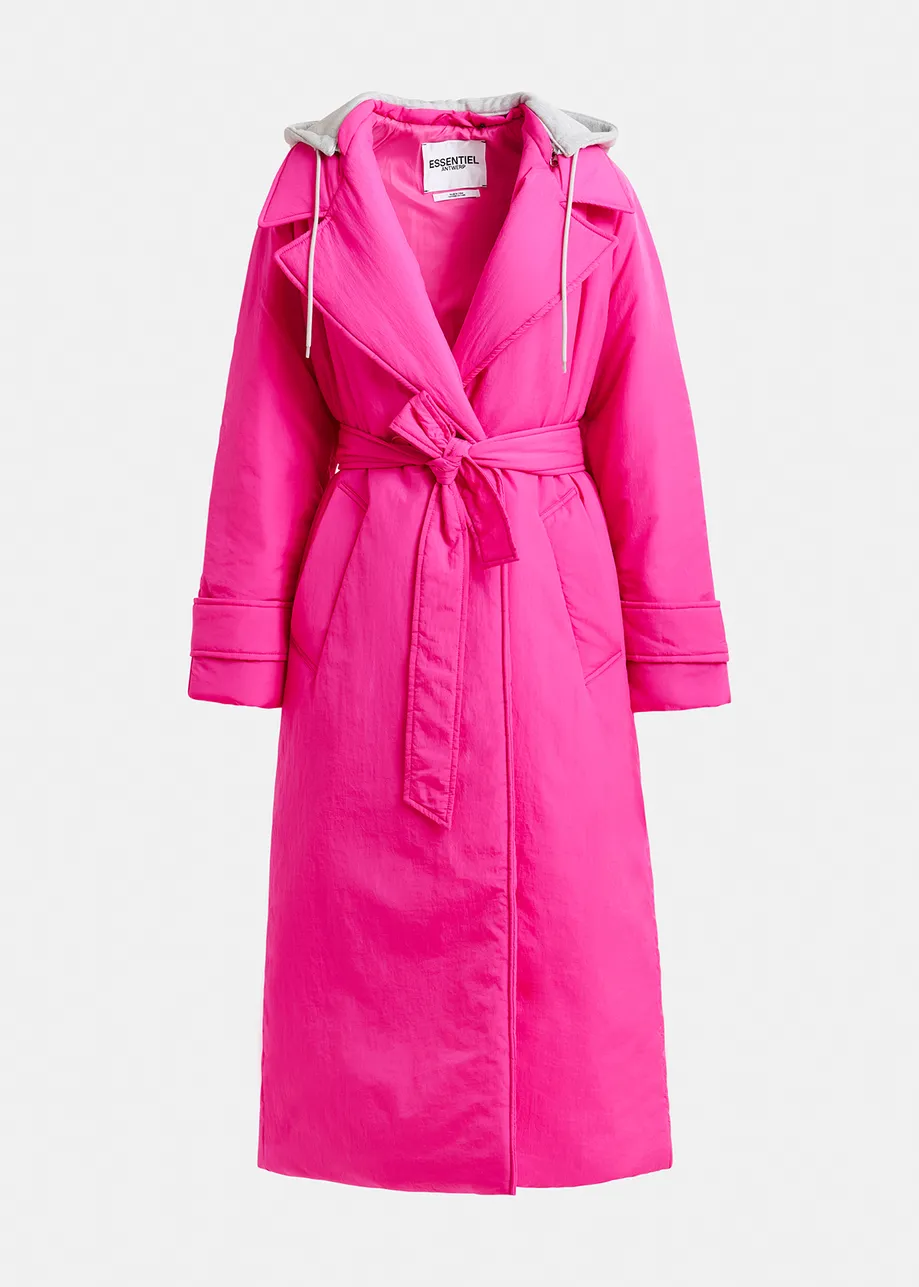 Pink double-breasted coat with removable hood