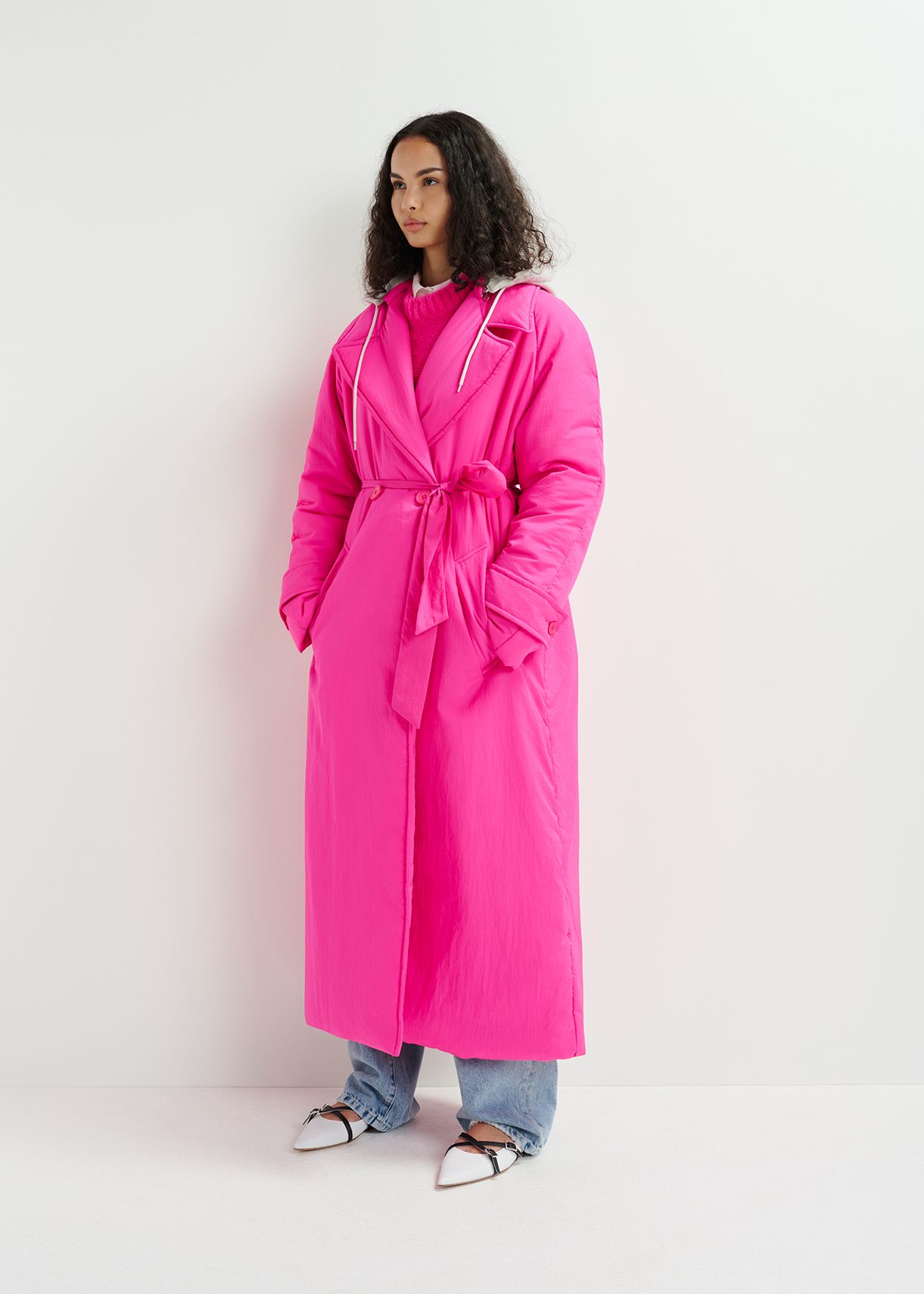 Pink double-breasted coat with removable hood | Essentiel