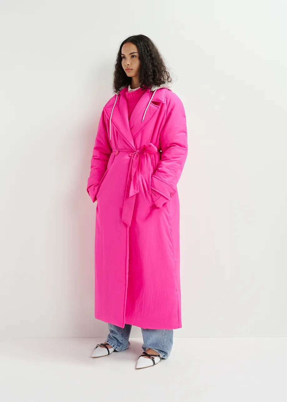 Pink double-breasted coat with removable hood