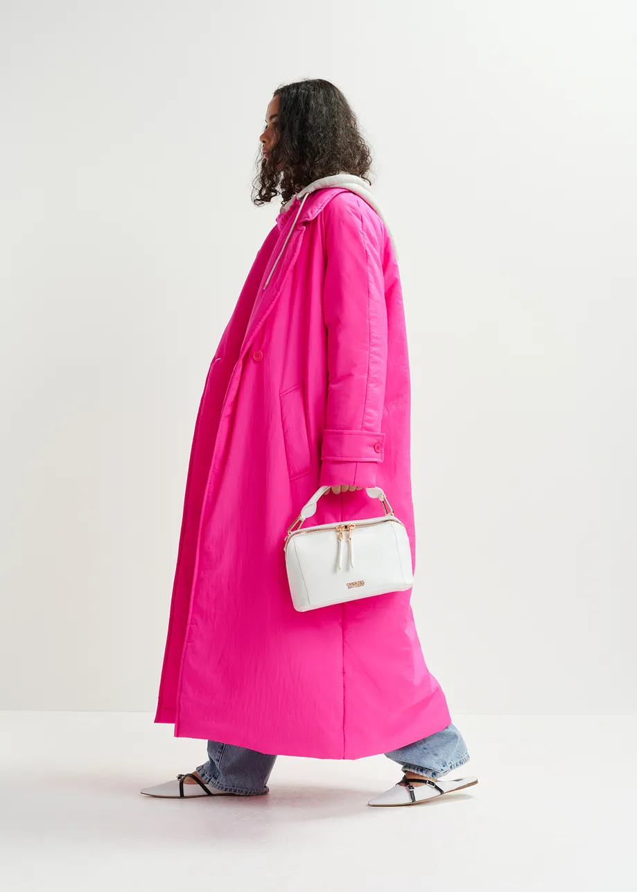 Pink double-breasted coat with removable hood