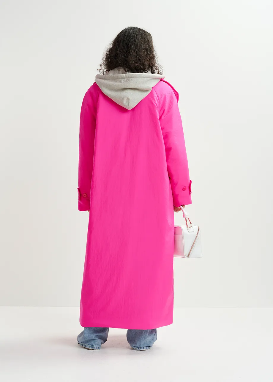 Pink double-breasted coat with removable hood