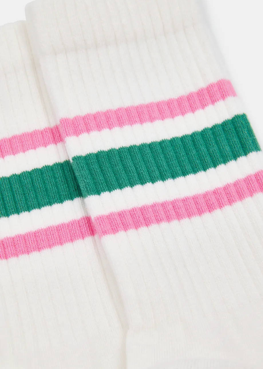 Off-white, lilac and green rib-knitted socks with stripes
