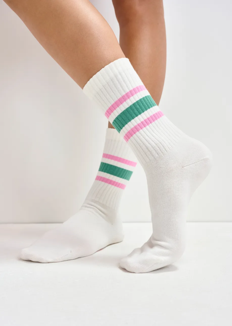 Off-white, lilac and green rib-knitted socks with stripes