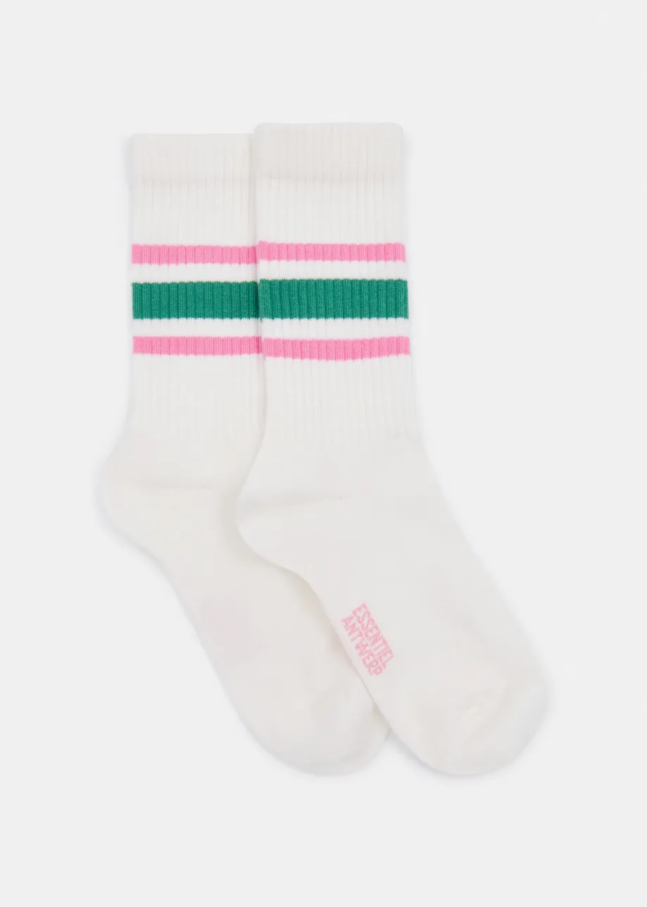 Chaussettes côtelées à rayures blanc cassé, lilas et vertes