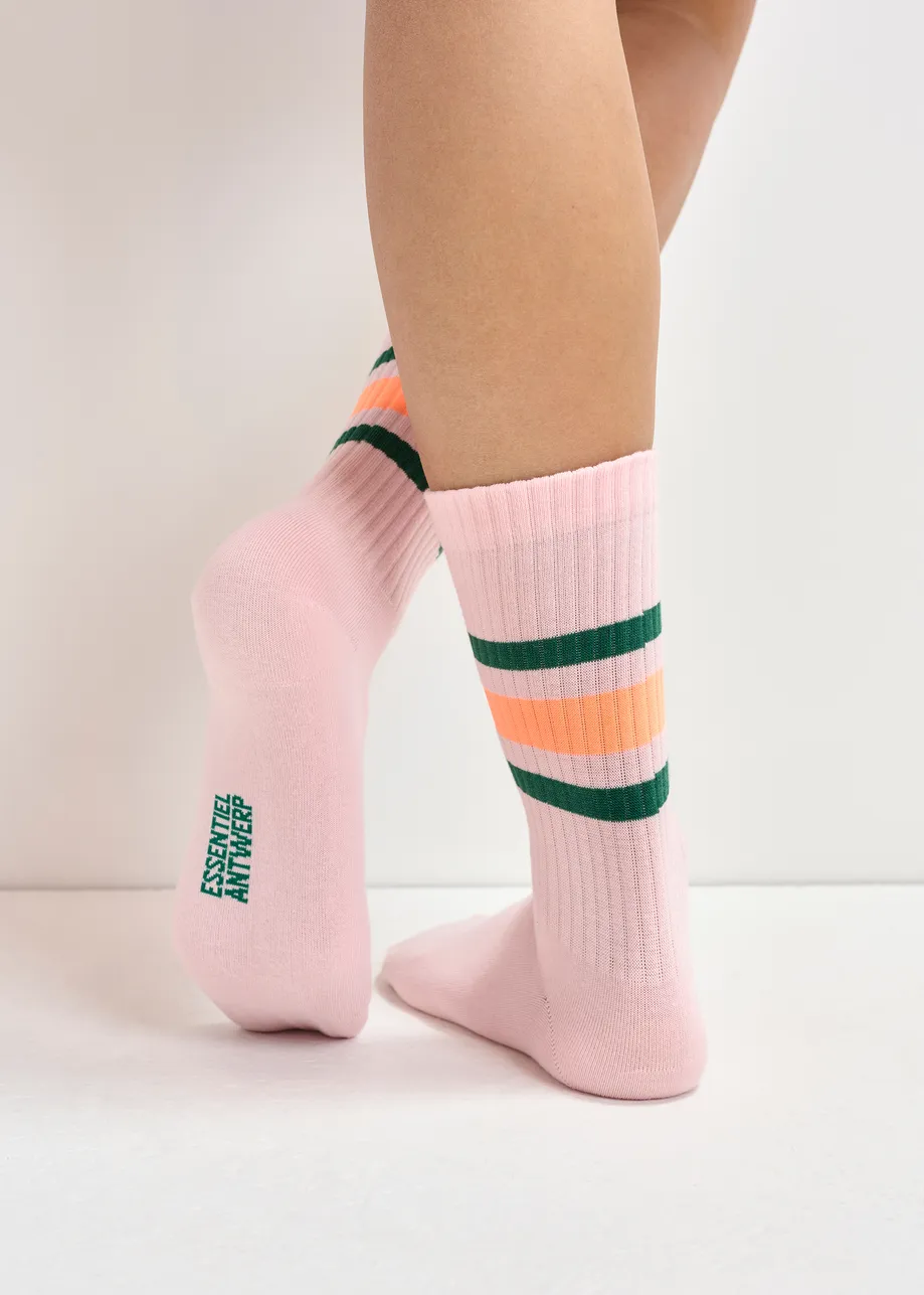 Pink, dark green and orange rib-knitted socks with stripes
