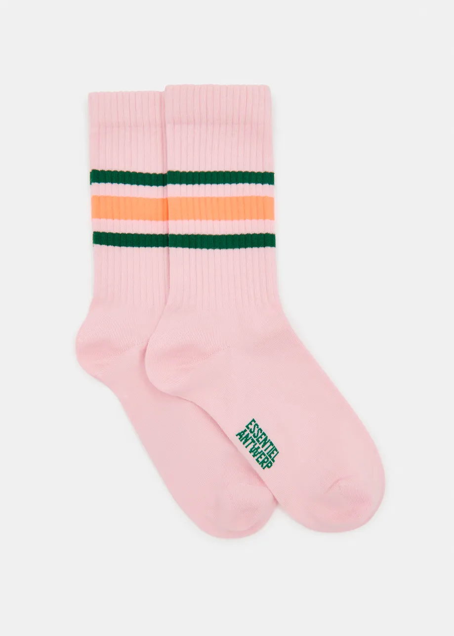 Chaussettes côtelées à rayures rose, vert foncé et orange