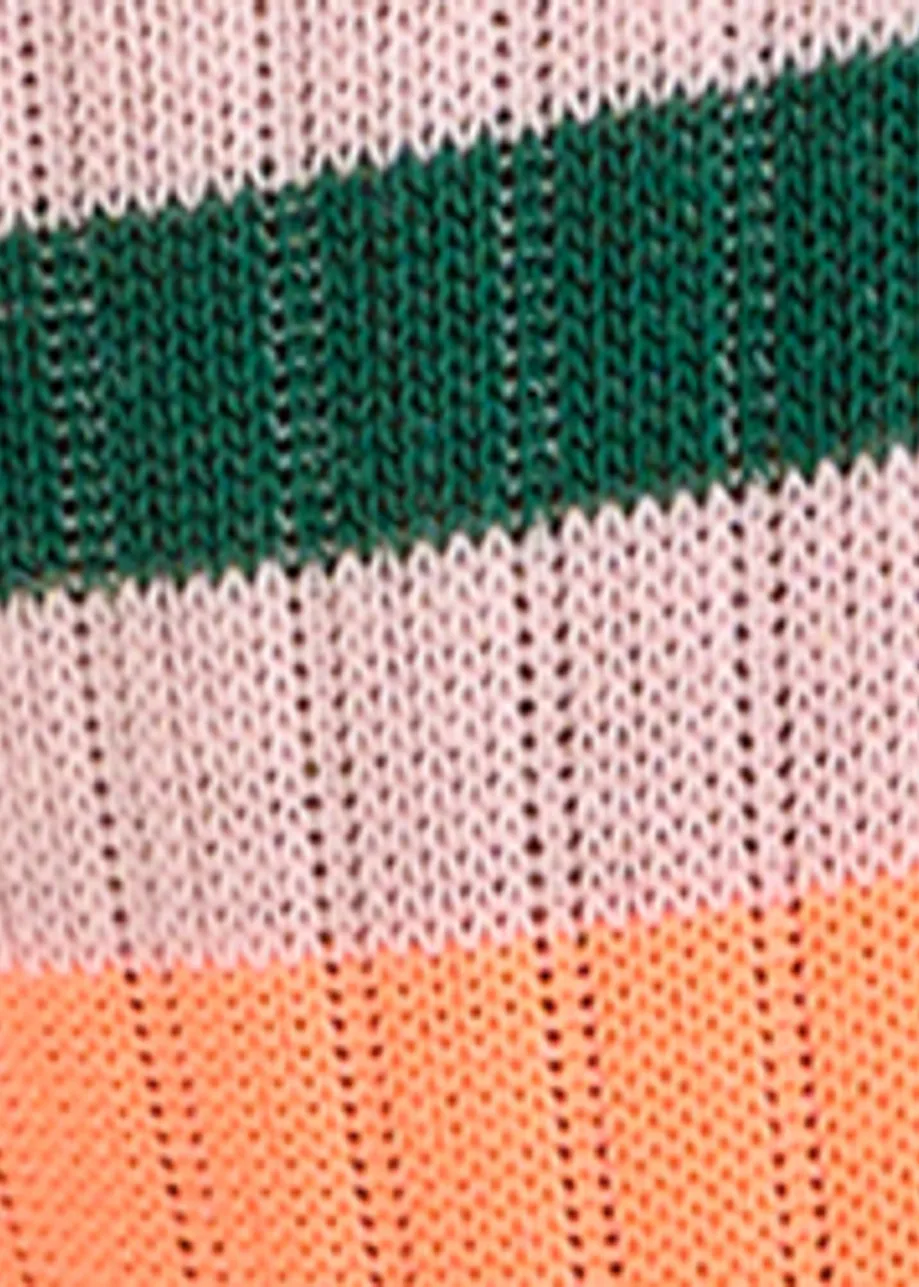 Pink, dark green and orange rib-knitted socks with stripes