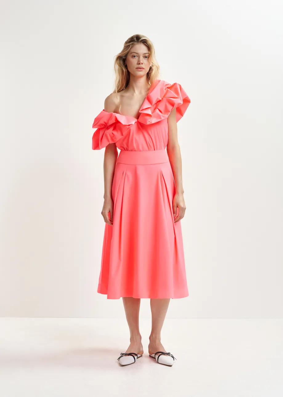 Coral pleated midi skirt