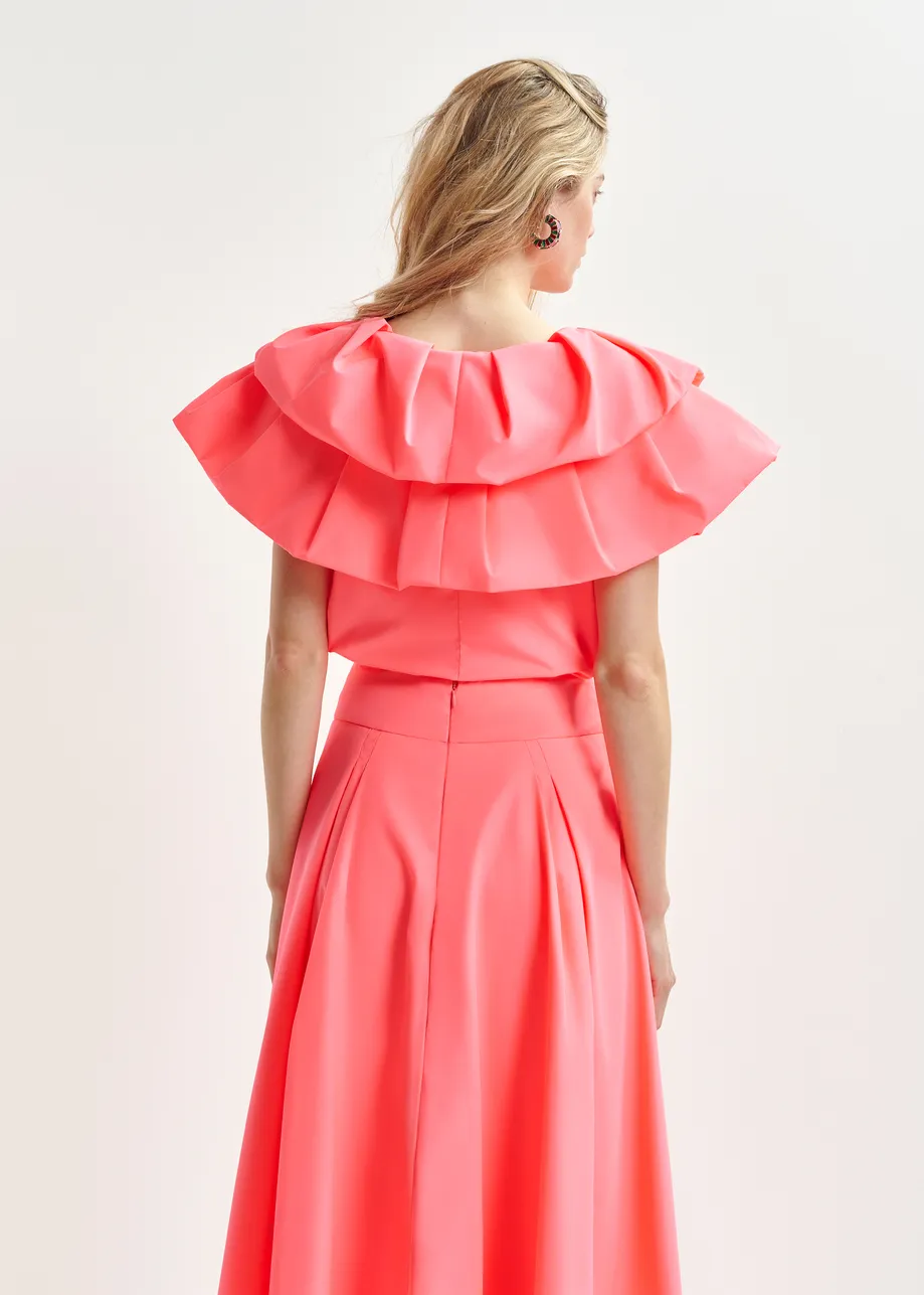 Coral pleated midi skirt