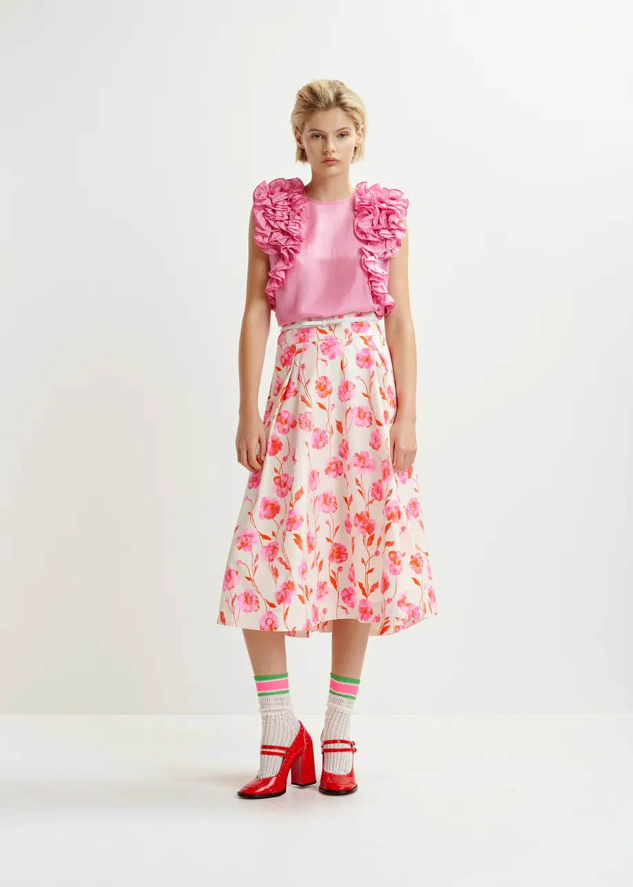 Off-white, red and pink pleated midi skirt