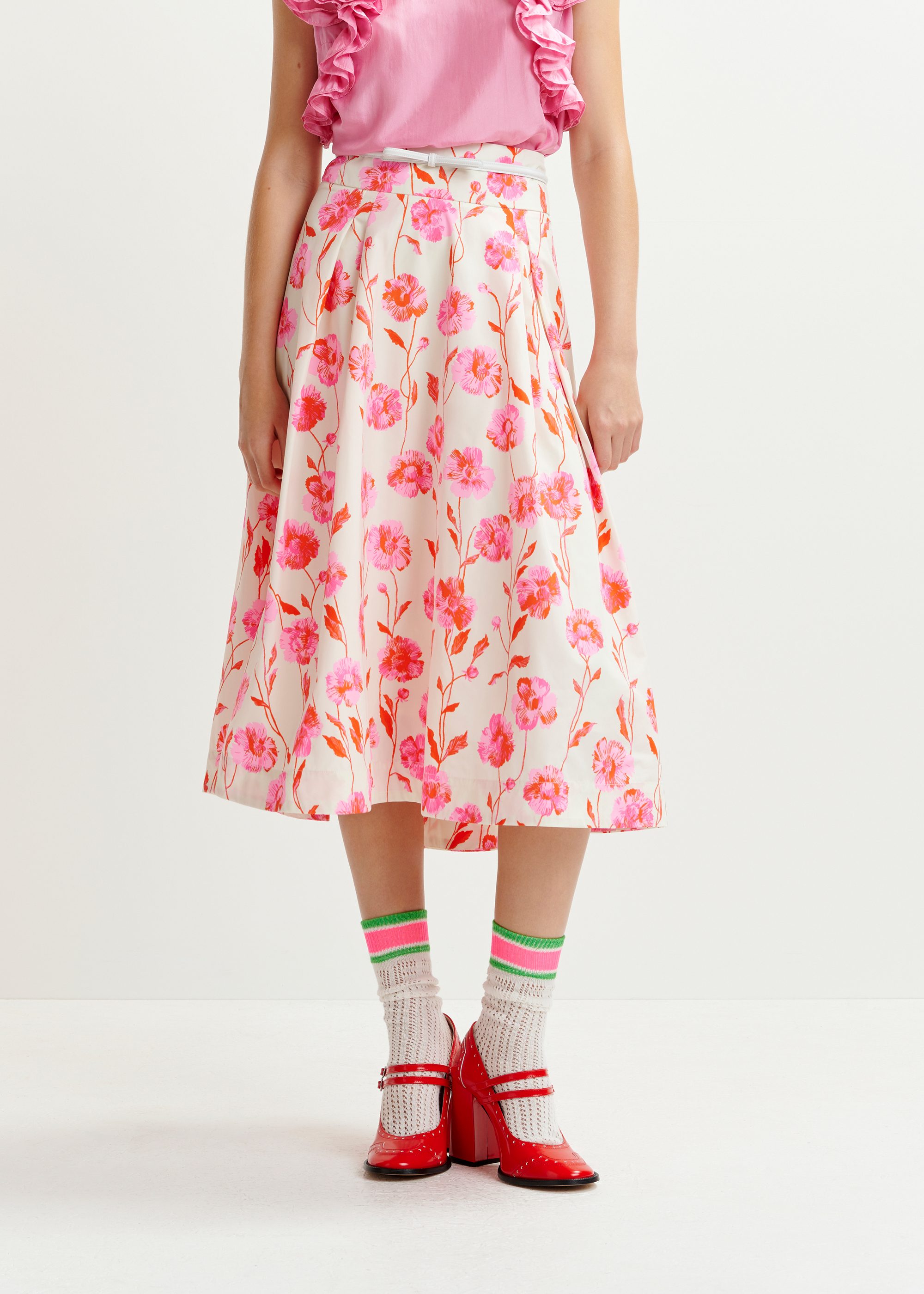 Off-white, red and pink pleated midi skirt | Essentiel