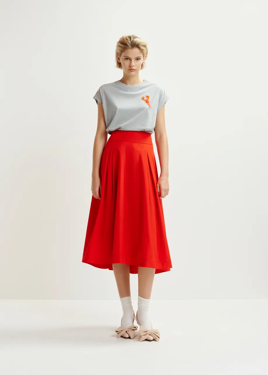 Red pleated midi skirt