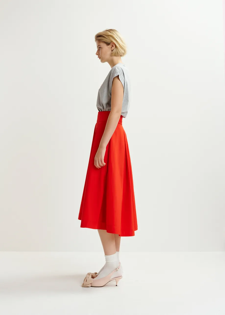 Red pleated midi skirt