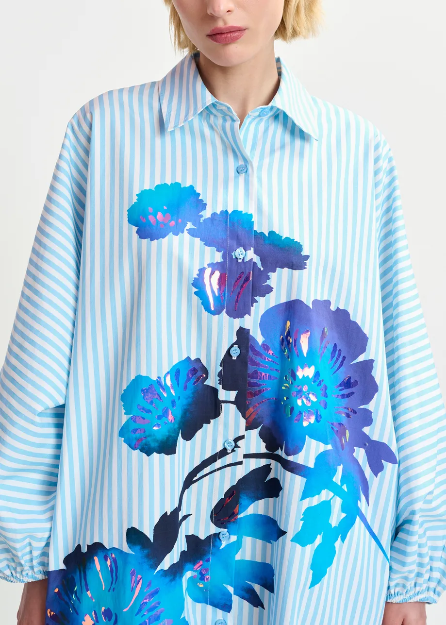 Light blue, white and dark blue striped cotton shirt mini-dress