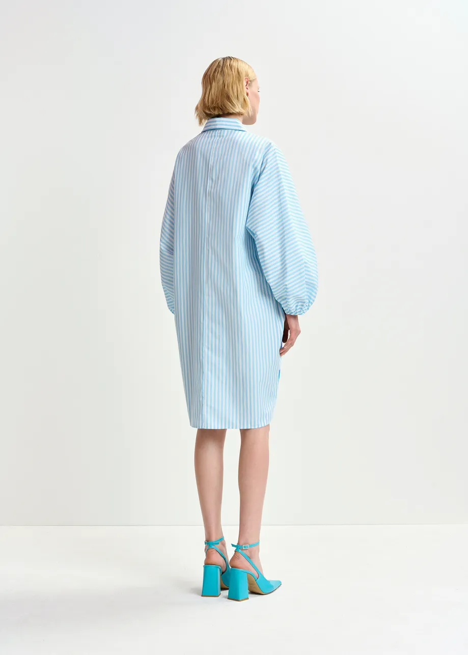 Light blue, white and dark blue striped cotton shirt mini-dress