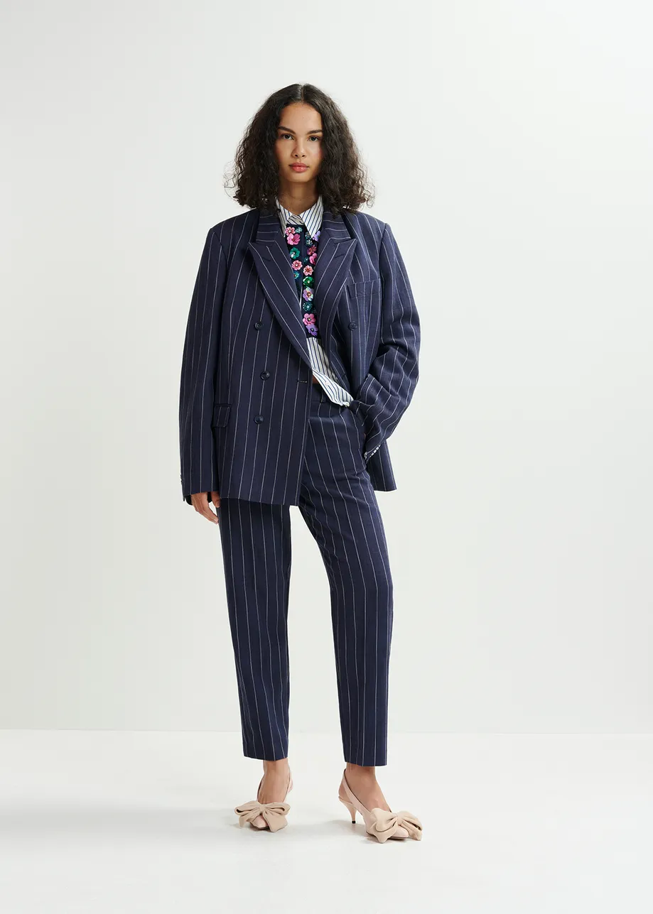 Dark blue and white pinstripe pants.