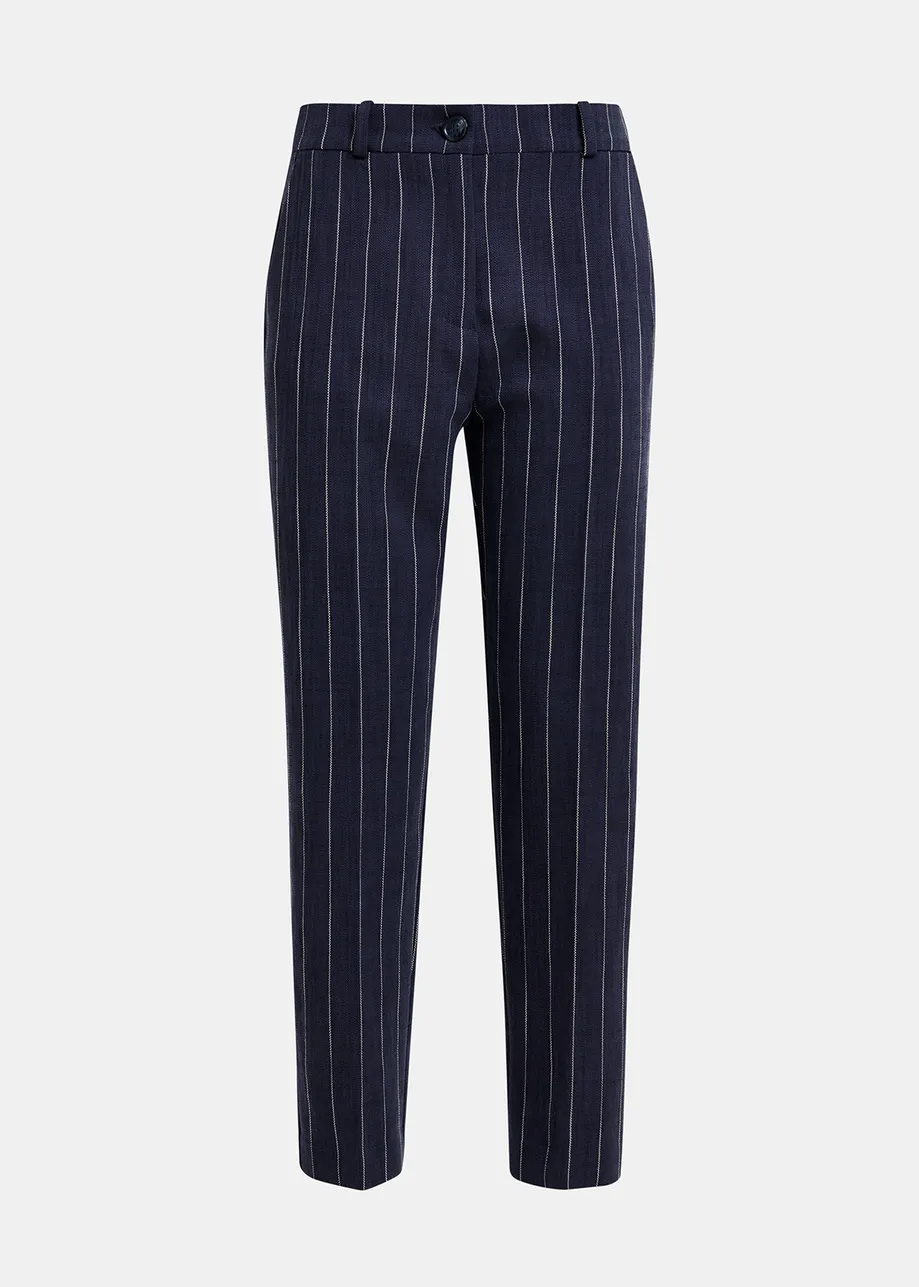 Dark blue and white pinstripe pants.