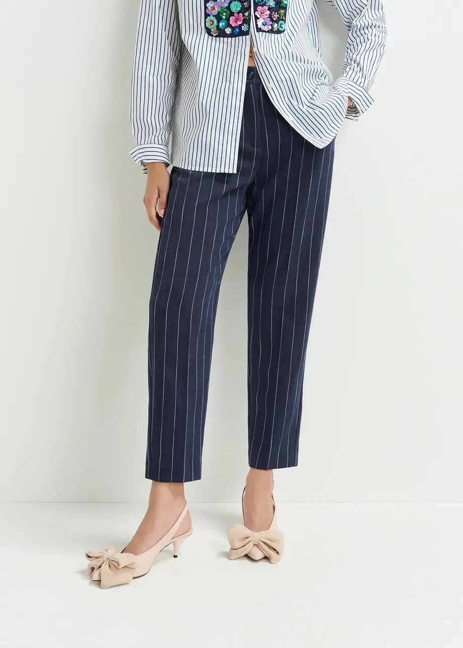 Dark blue and white pinstripe pants.