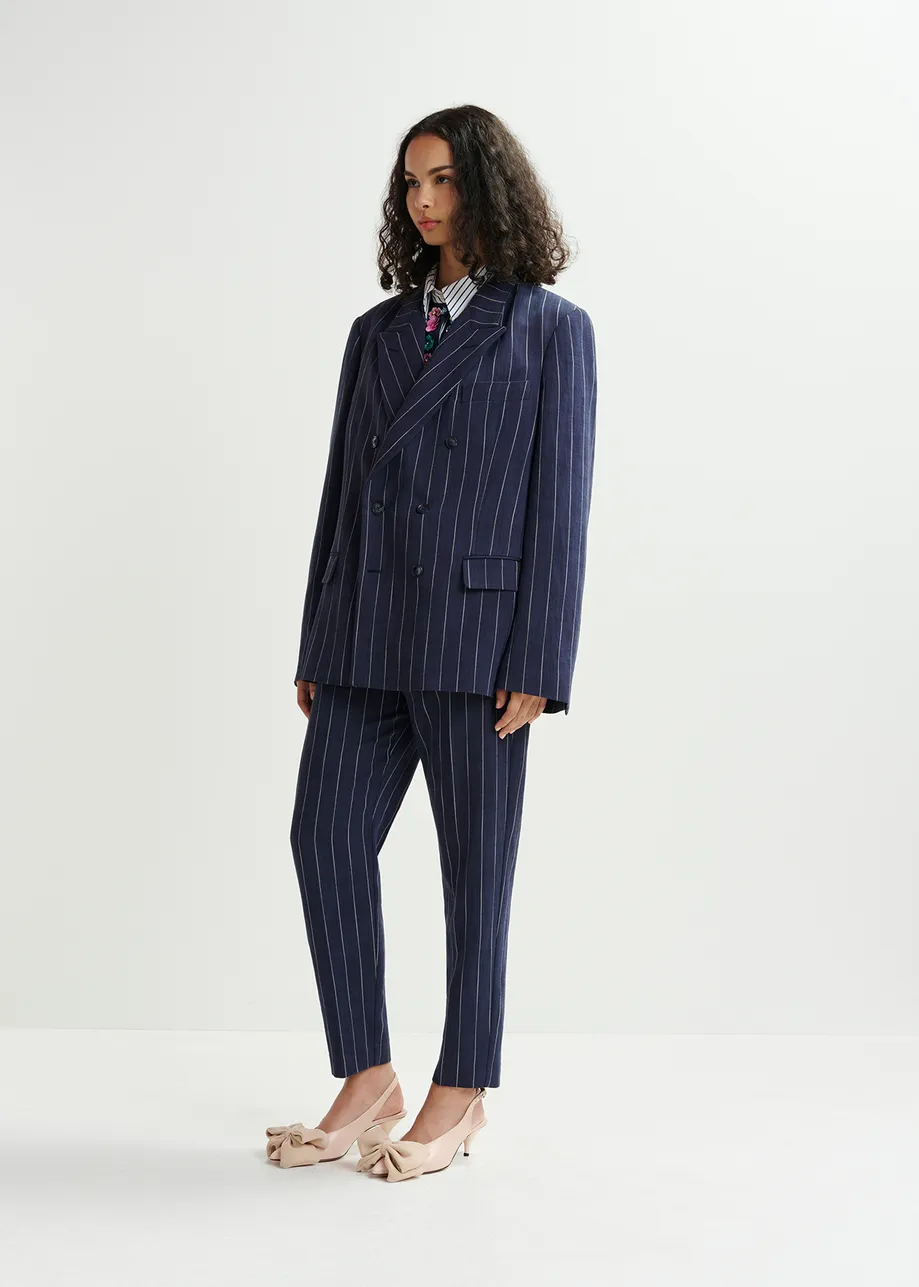 Dark blue and white pinstripe pants.