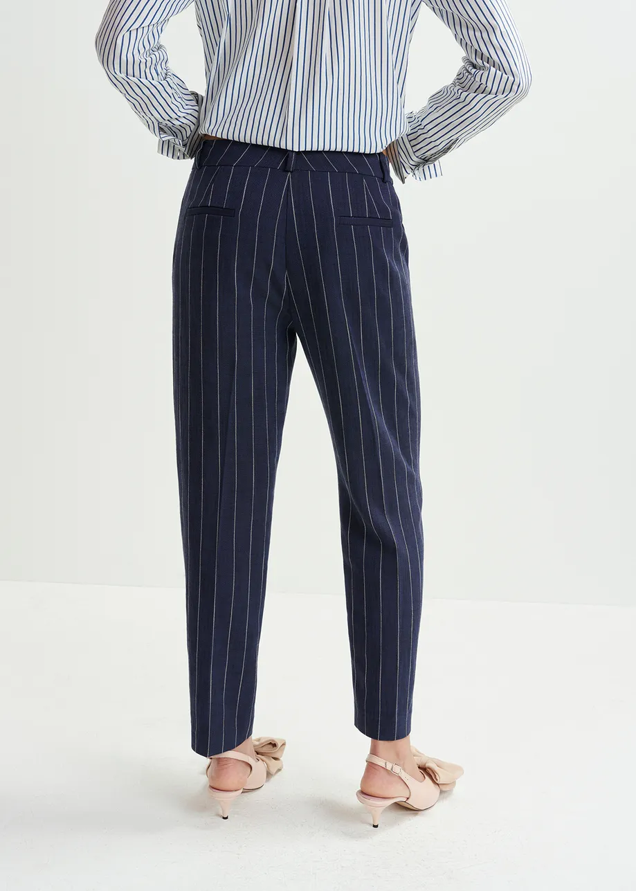 Dark blue and white pinstripe pants.