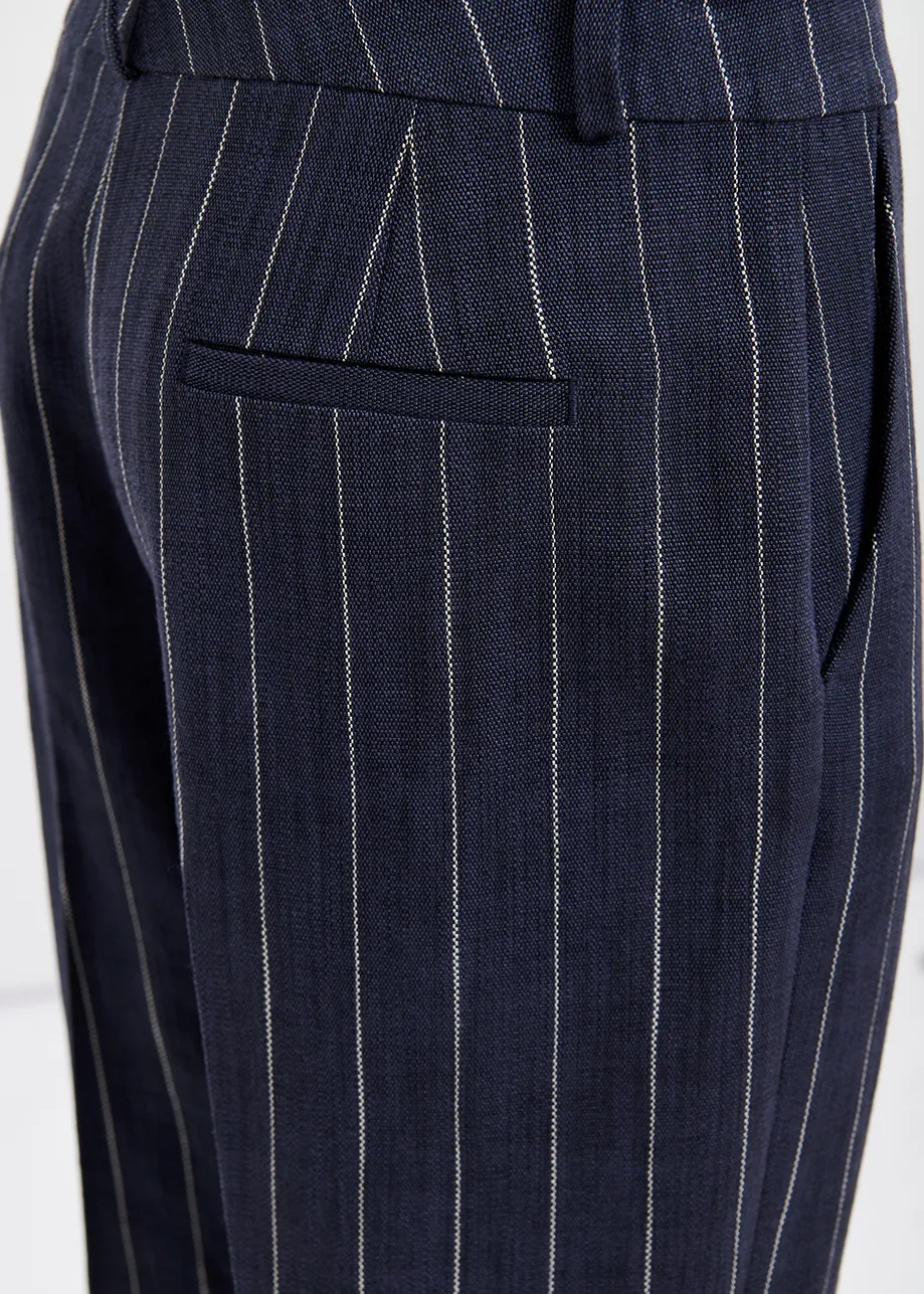 Dark blue and white pinstripe pants.