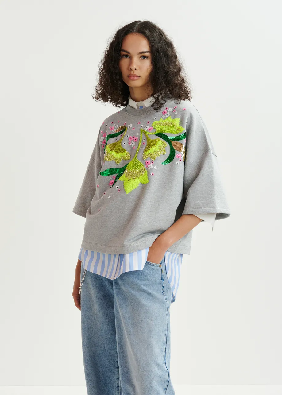 Grey organic cotton sweatshirt with sequin and bead embroideries