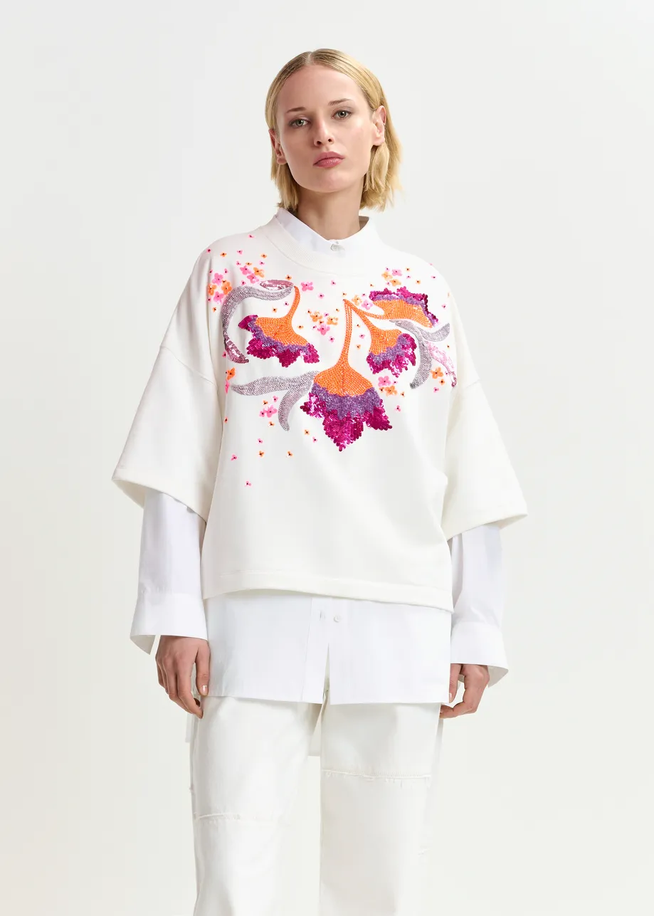 White organic cotton sweatshirt with sequin and bead embroideries