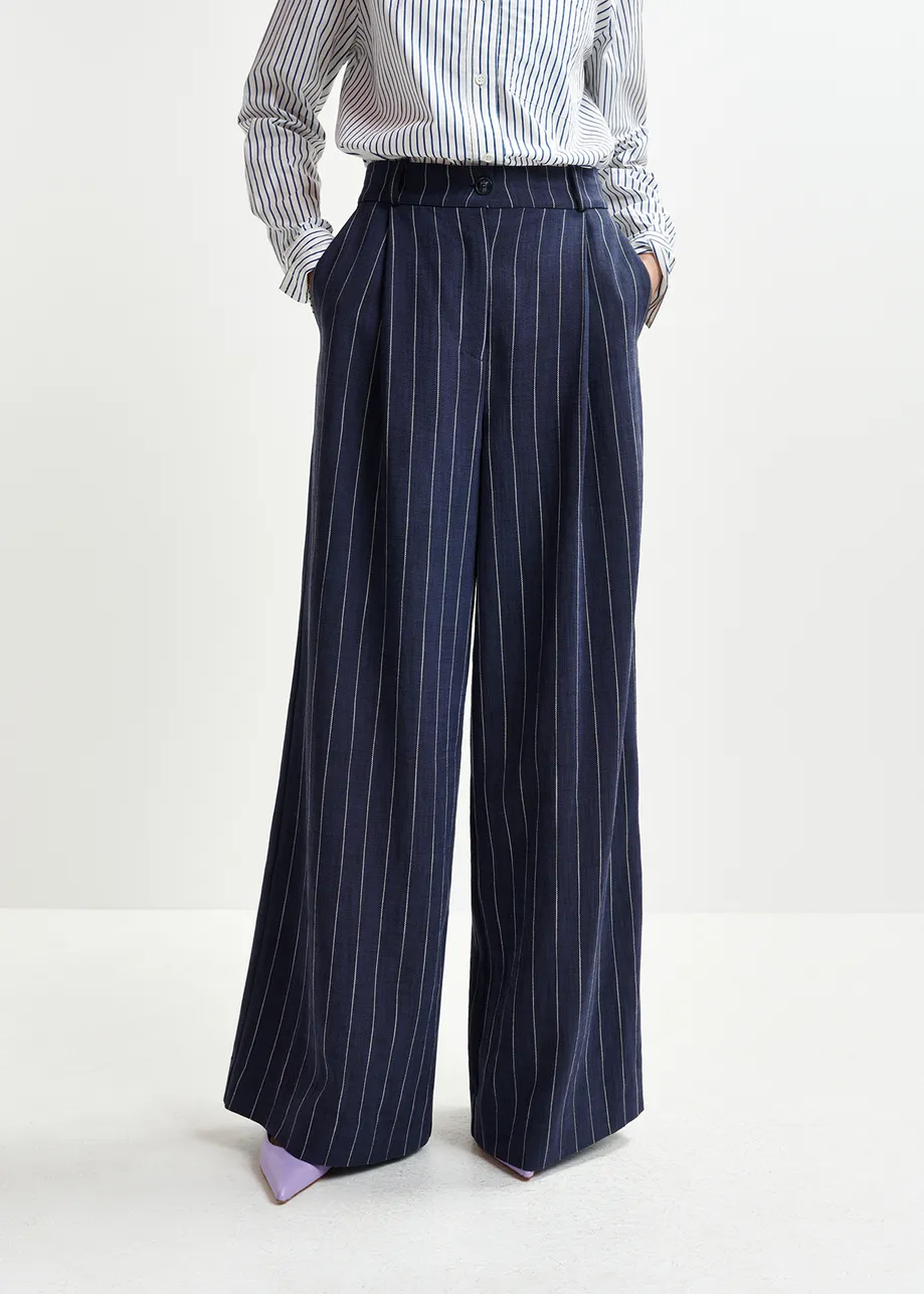 Dark blue and white striped wide-leg pants