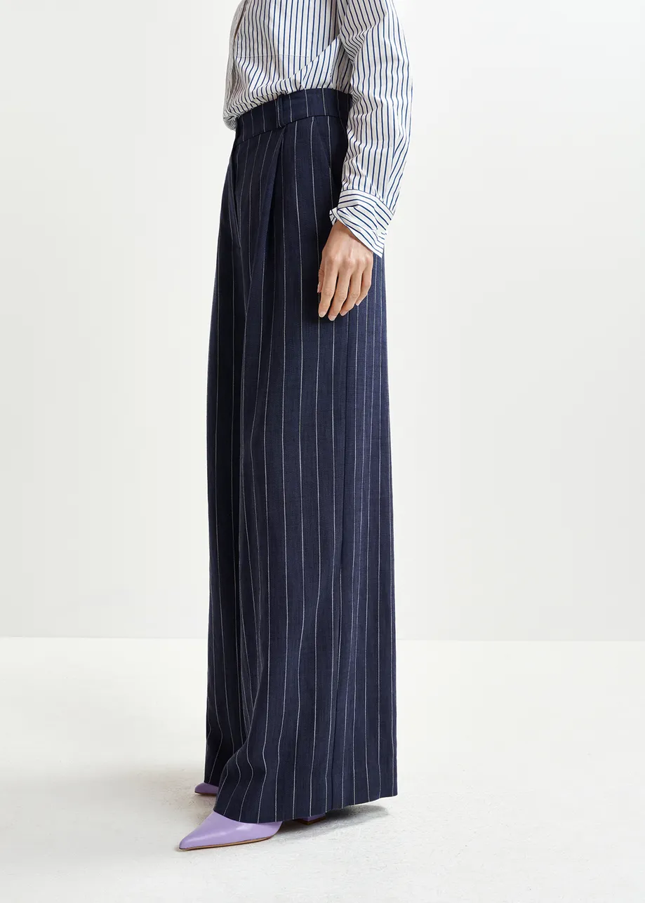 Dark blue and white striped wide-leg pants