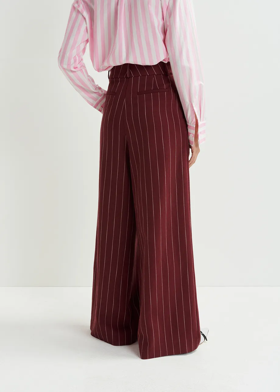 Burgundy and white striped wide-leg pants