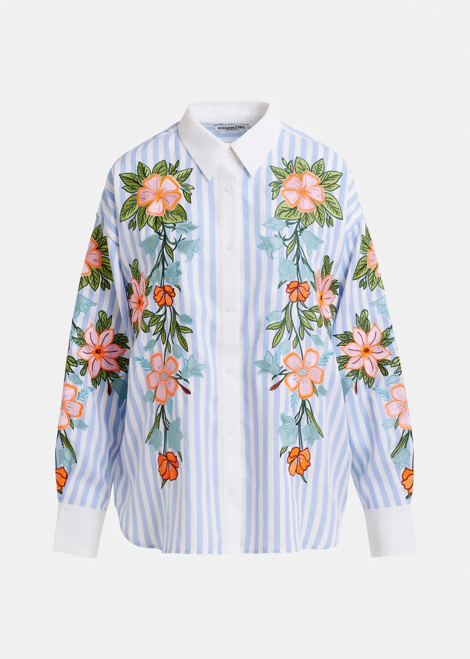 Blue, white and multicolored striped oversized shirt with embroideries