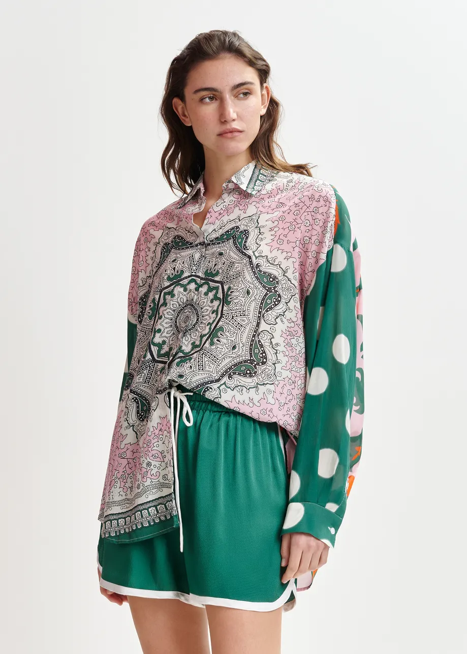 Green, pink and multicolor printed cotton blend shirt