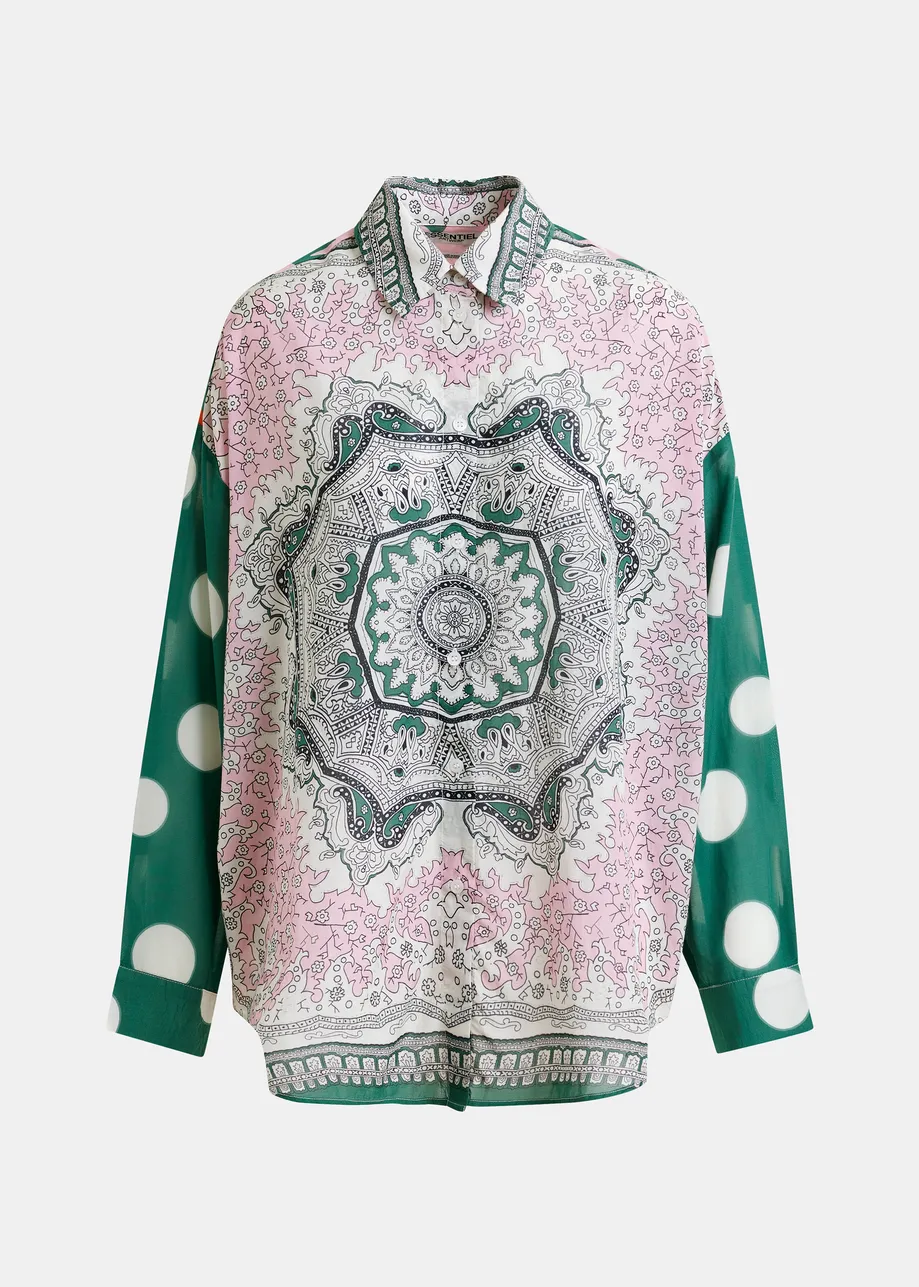 Camicia in misto cotone verde, rosa e multicolore con stampa