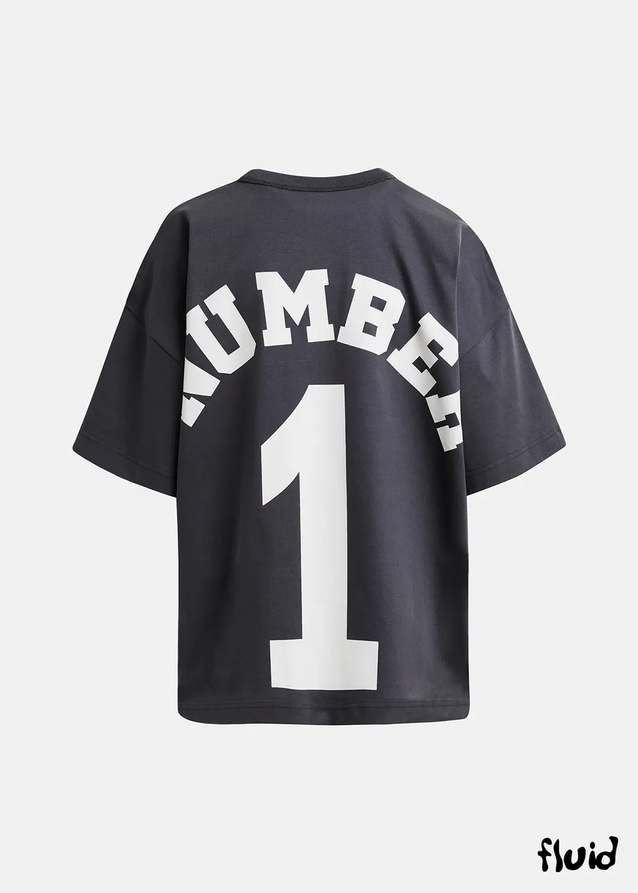 Dunkelblaues T-Shirt aus Bio-Baumwolle mit "Number 1" -Print