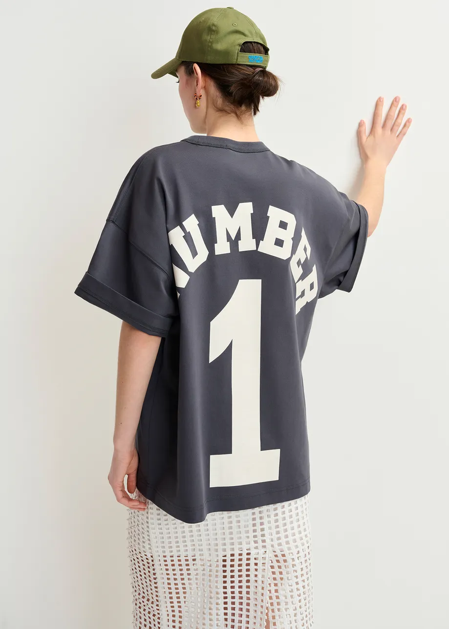 Dark blue organic cotton T-shirt with "Number 1"-print