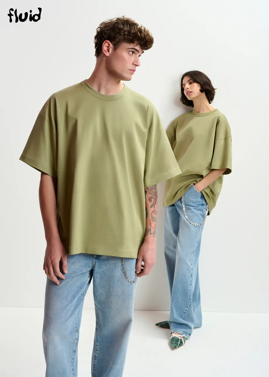 Khaki organic cotton T-shirt with "Number 1"-print