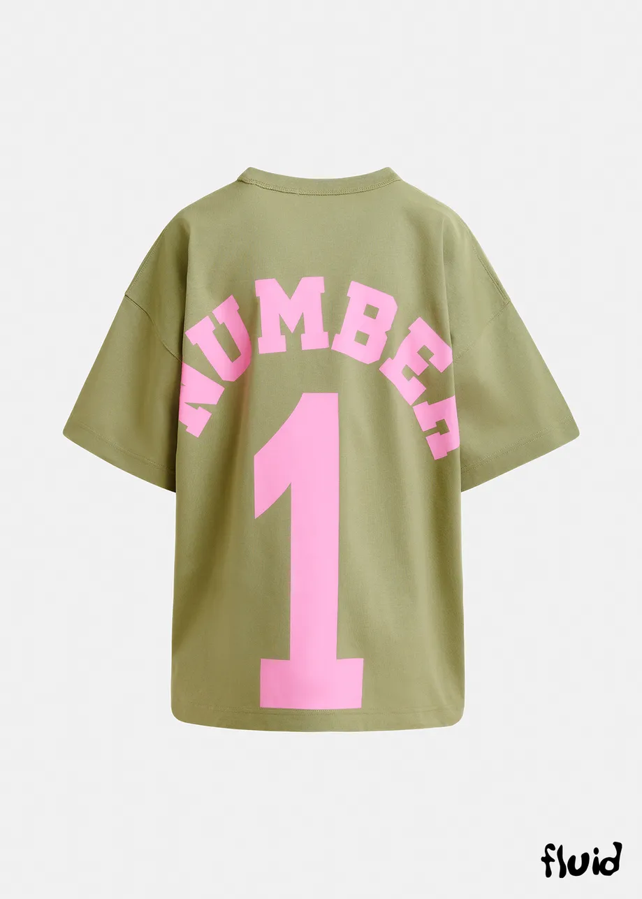 Kaki T-shirt met "Number 1"-print