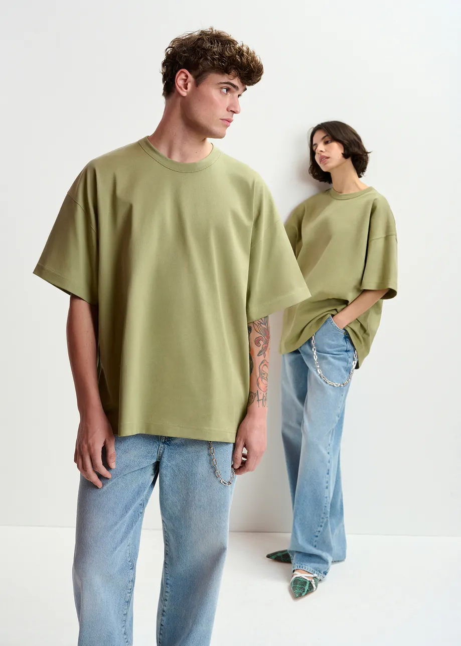 Khaki organic cotton T-shirt with "Number 1"-print