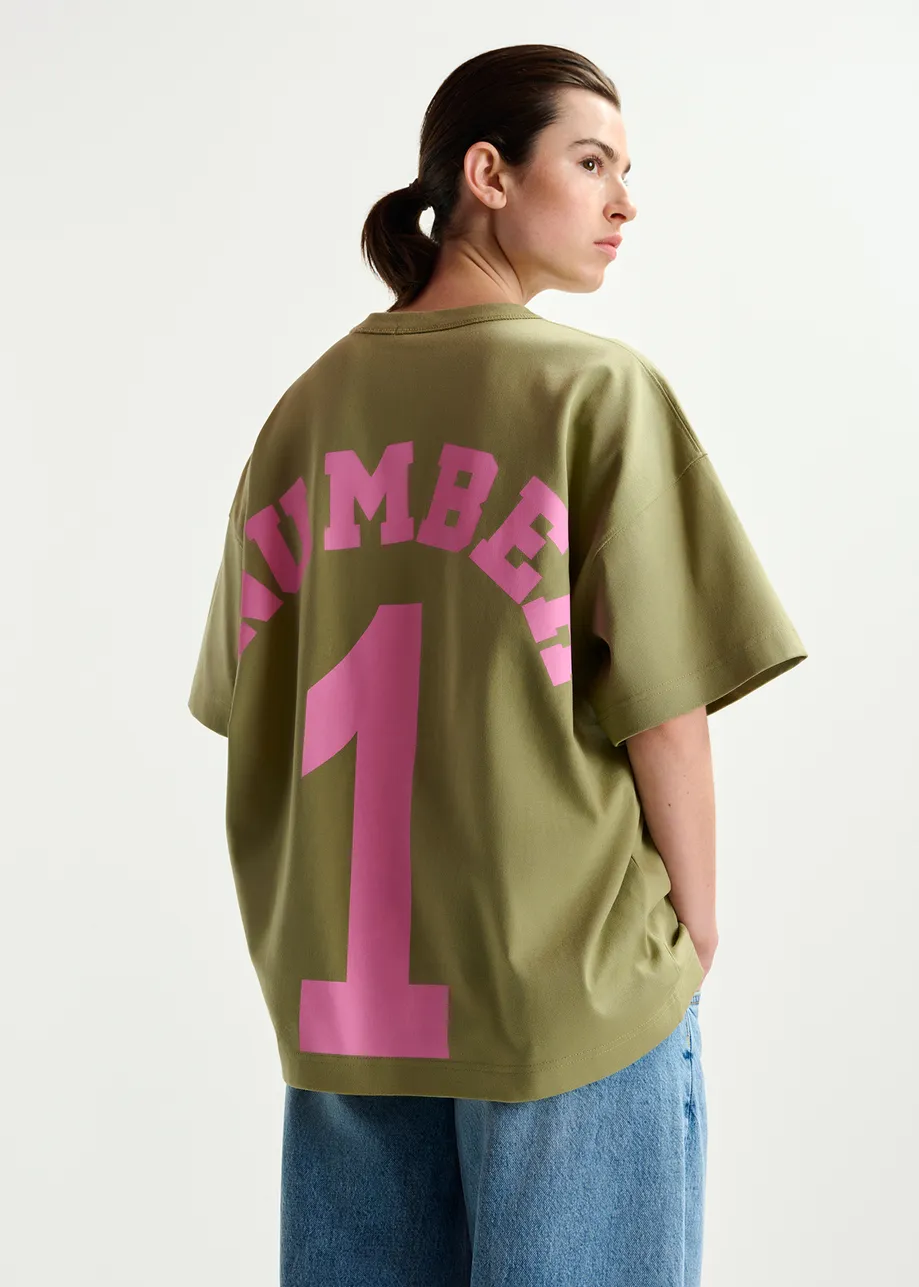 Kaki T-shirt met "Number 1"-print