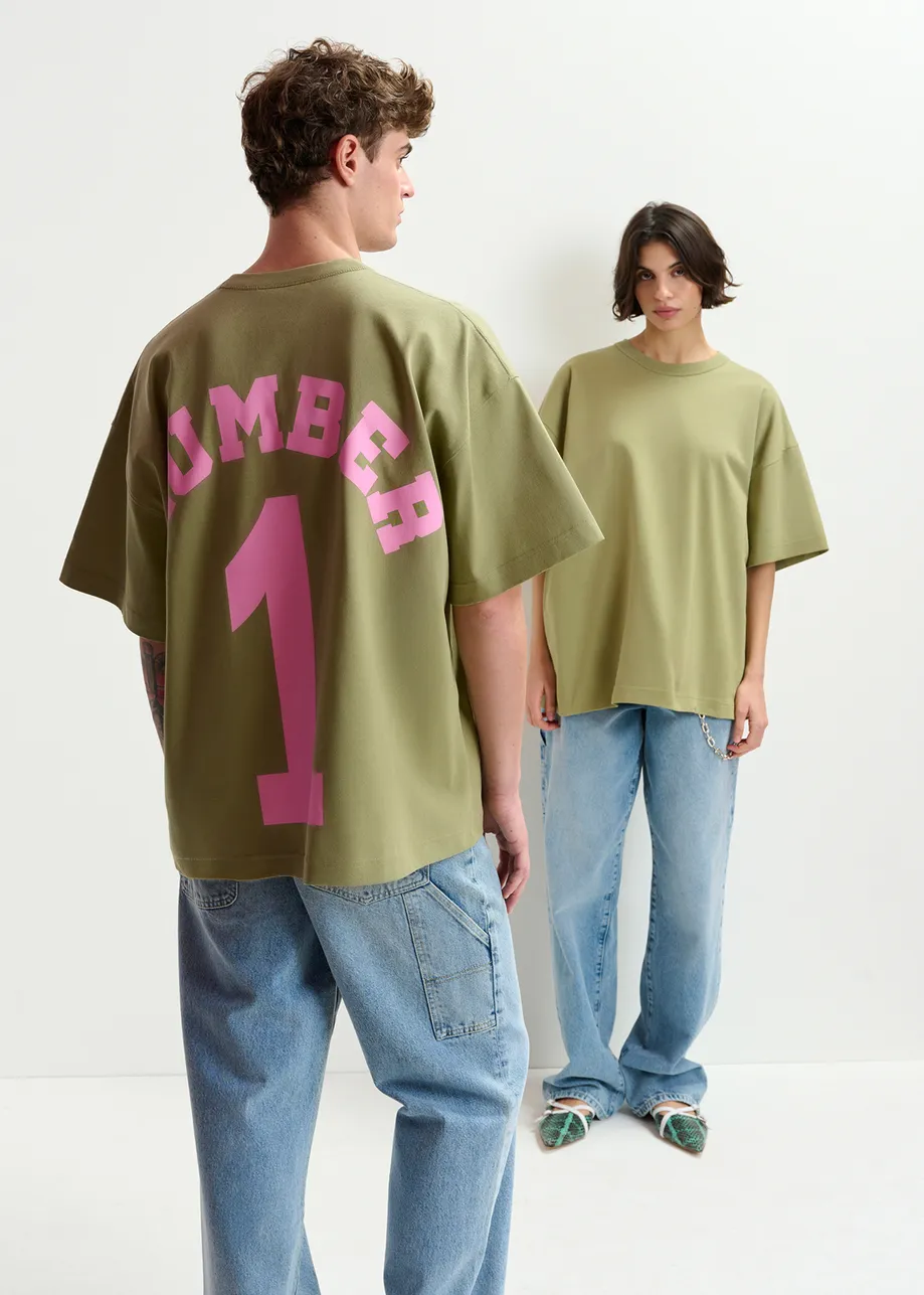 Kaki T-shirt met "Number 1"-print