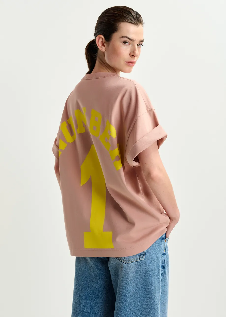 Dusty pink organic cotton T-shirt with "Number 1"-print